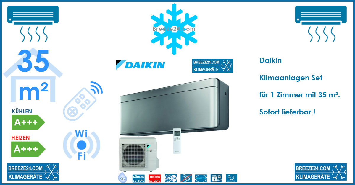 Daikin Klimaanlage Wandgerät Stylish silber 3,5 kW - FTXA35BS + RXA35A R32 für 1 Zimmer mit 35 m²