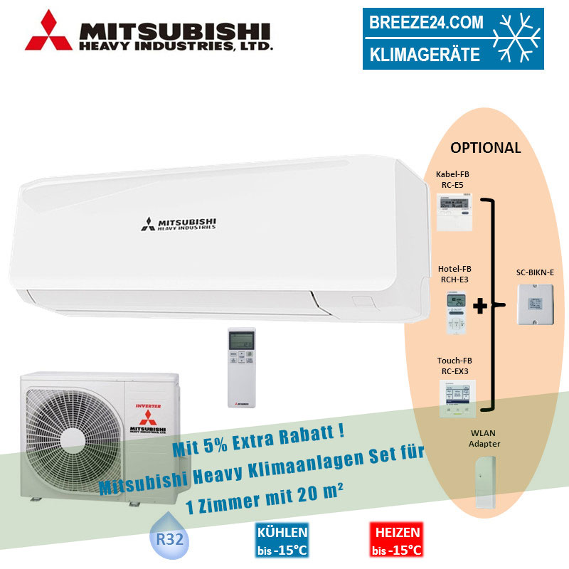 Mitsubishi Heavy Klimaanlage Wandgerät SRK 20 ZS-W + Außengerät SRC 20 ZS-W 2,7 kW Set für 1 Zimmer mit 20 m² Fläche