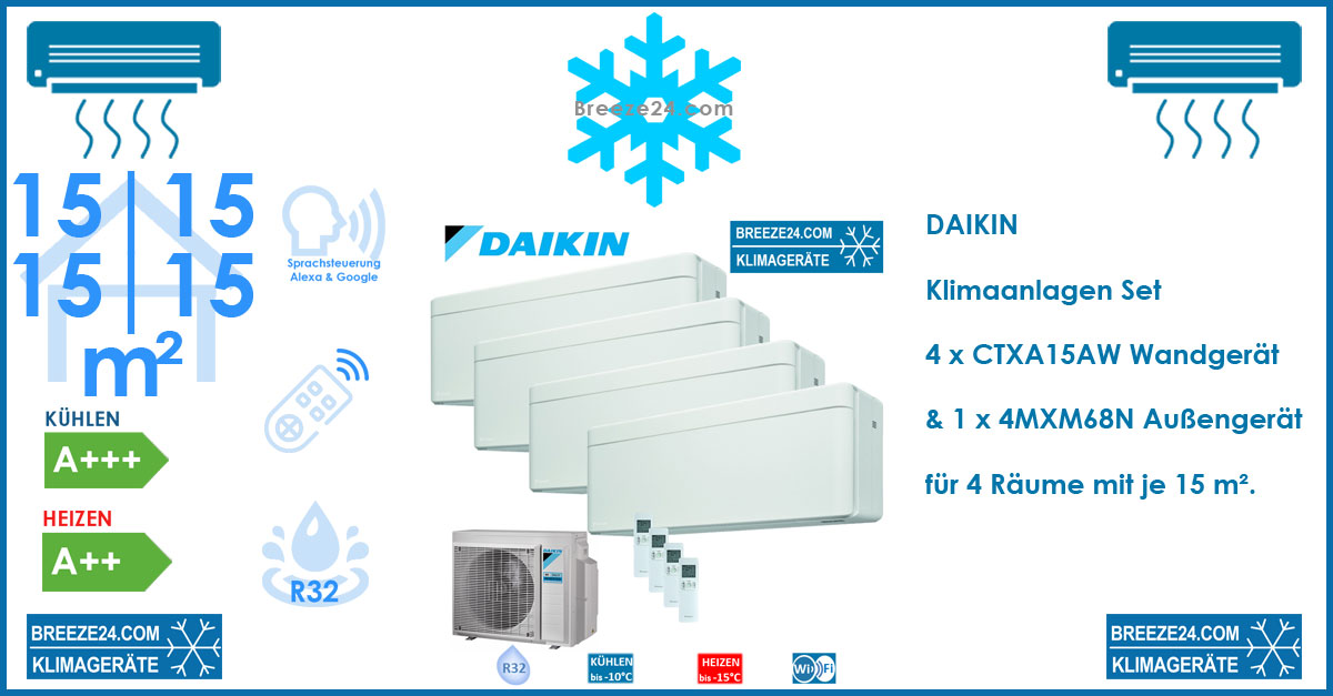 Daikin Klimaanlagen Set 4 x Wandgeräte Stylish CTXA15AW + 4MXM68N R32 für 4 Räume mit je 15 m²