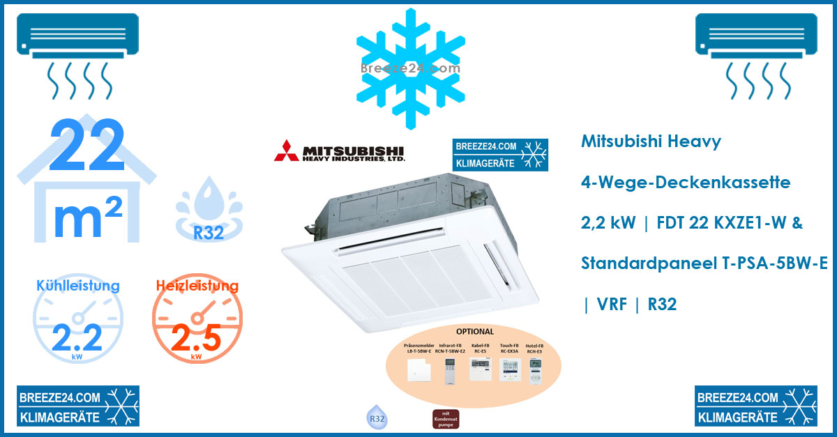 Mitsubishi Heavy 4-Wege-Deckenkassette FDT 22 KXZE1-W & Standardpaneel T-PSA-5BW-E VRF R32 für 1 Raum mit 22 m²