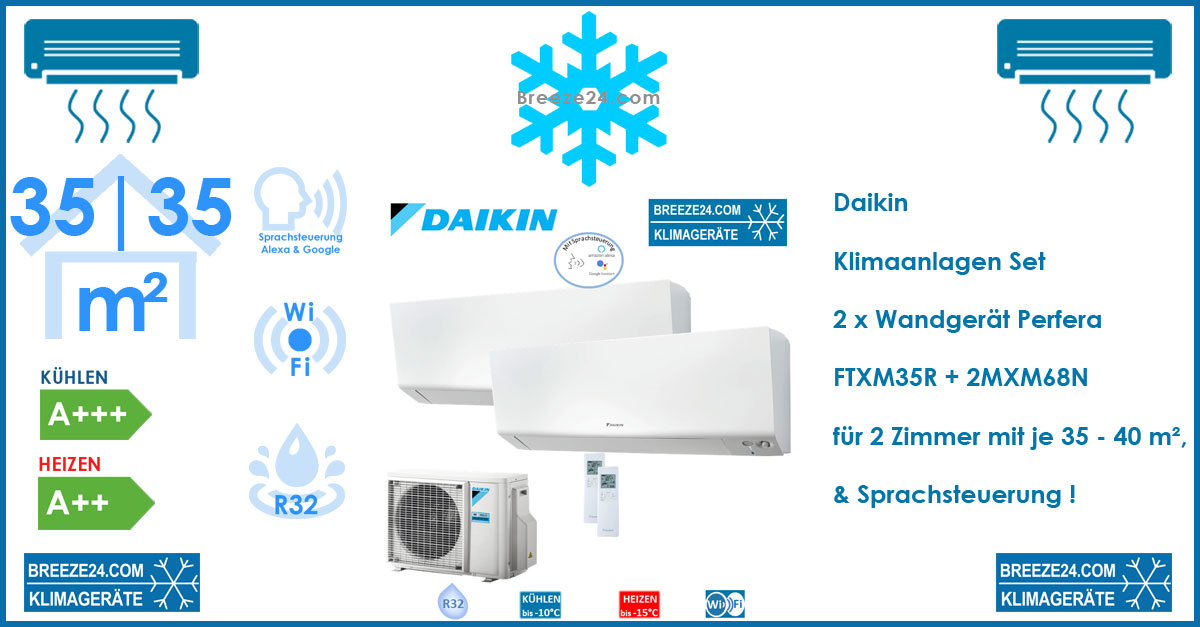 Daikin Klimaanlagen Set 2 Wandgeräte Perfera - FTXM35R + 2MXM68N R32 für 2 Zimmer mit je 35 - 40 m²