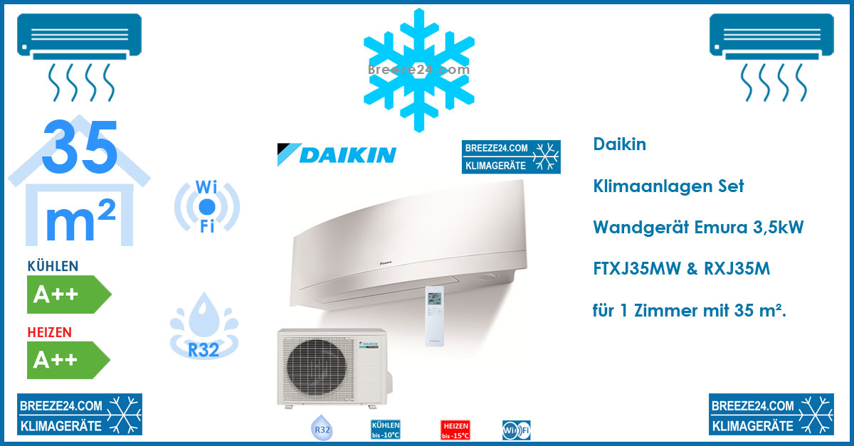 Daikin Klimaanlagen Set Wandgerät Emura - FTXJ35MW + RXJ35M R32 für 1 Zimmer mit 35 m²