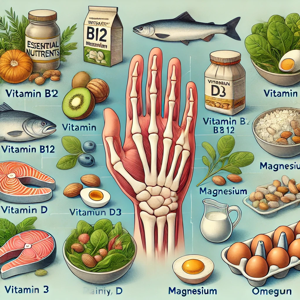 Illustration von essenziellen Nährstoffen wie Vitamin B6, B12, D, Magnesium und Omega-3 mit entsprechenden Lebensmitteln, die zur Sehnengesundheit beitragen.