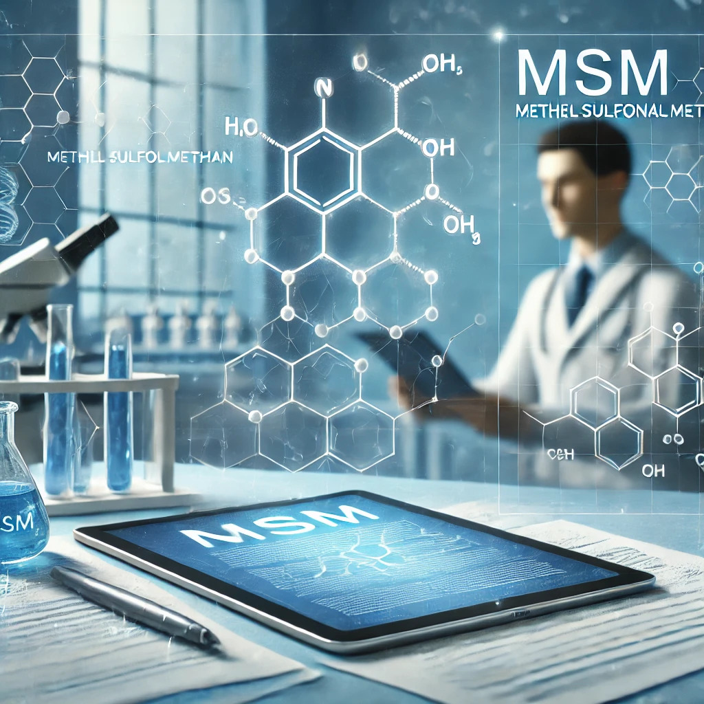 Wissenschaftliche Illustration mit medizinischen Dokumenten, digitalen Forschungstabellen und Molekülstrukturen von MSM (Methylsulfonylmethan). Im Hintergrund sind Forscher in einem Labor zu sehen, die Daten analysieren und Experimente durchführen.